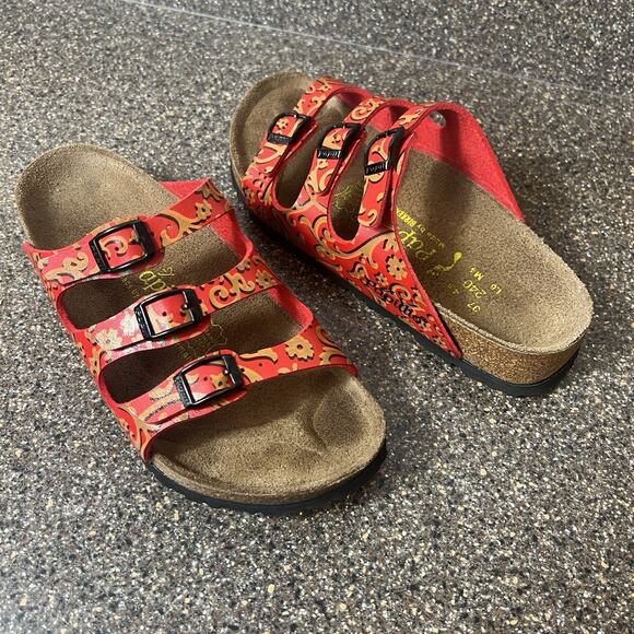 Birkenstock Shoes - Papillio By Birkenstock Florida Three Strap Womens Sz 6 N EU 37 Red Floral Swirl